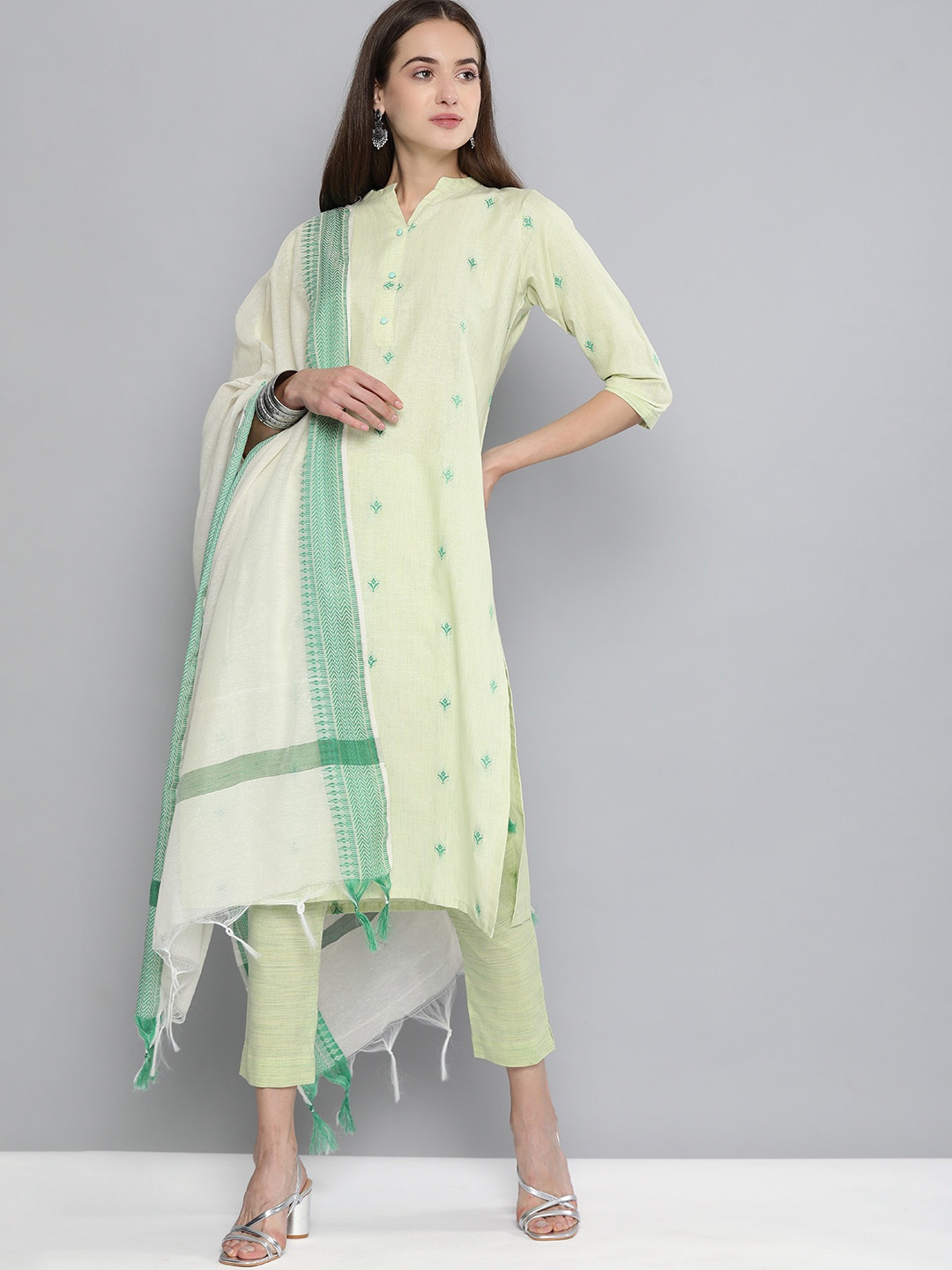 

Kvsfab Green & Off White Pure Cotton Handloom Unstitched Sustainable Dress Material