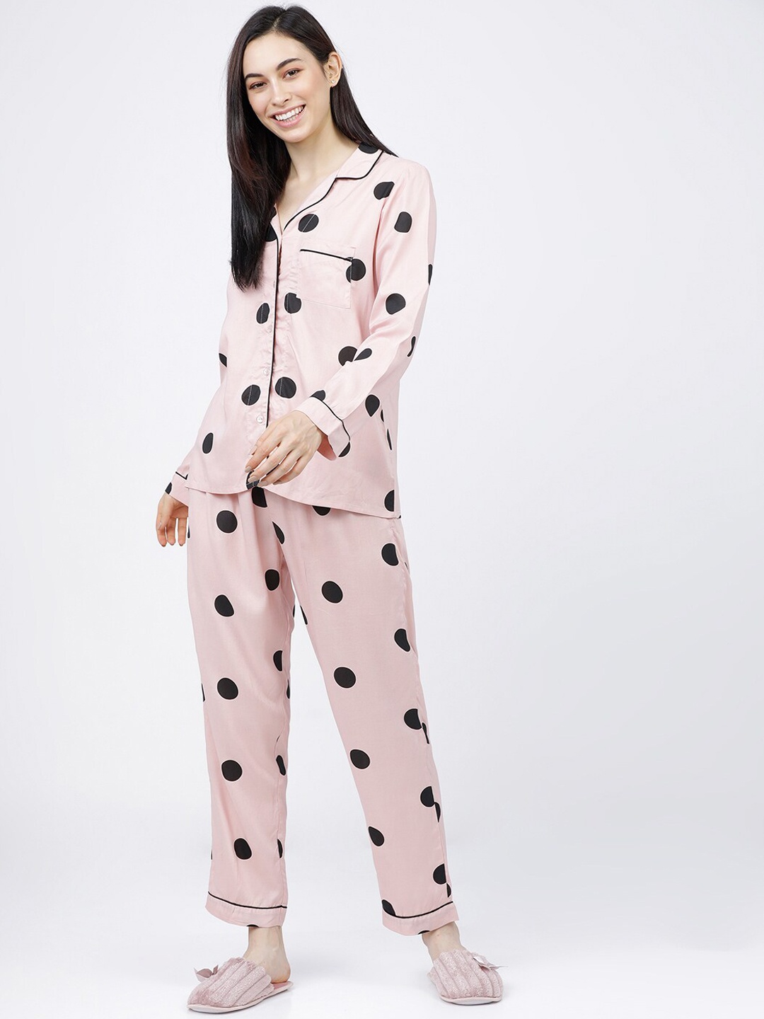 

Tokyo Talkies Women Pink & Black Polka Dots Viscose Rayon Night Suit