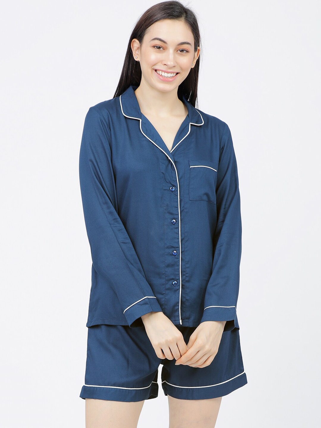 

Tokyo Talkies Women Navy Blue & White Viscose Rayon Night Suit