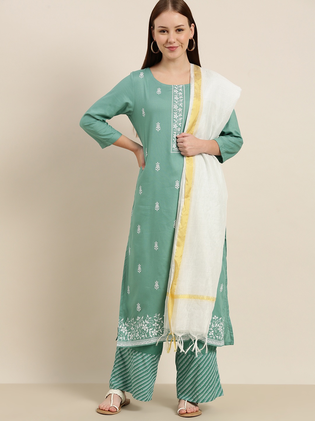 

Vishudh Women Sea Green Ethnic Motifs Printed Kurta with Palazzos & Dupatta