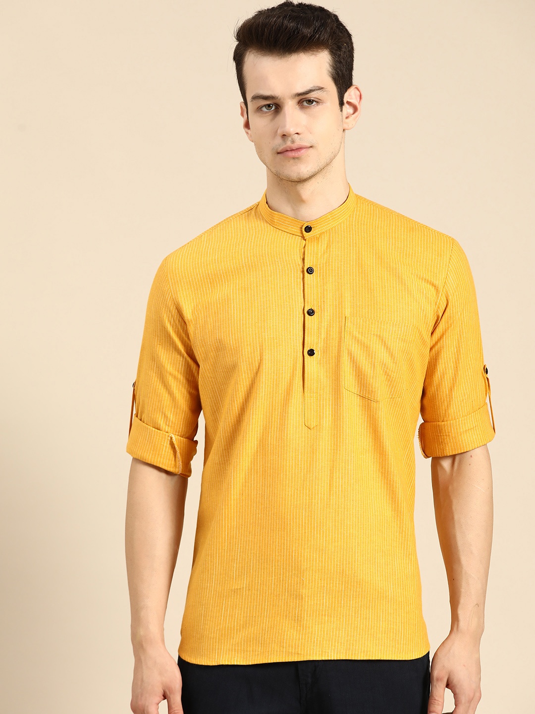 

RAJUBHAI HARGOVINDAS Men Mustard Yellow & Off White Cotton Striped Handloom Kurta