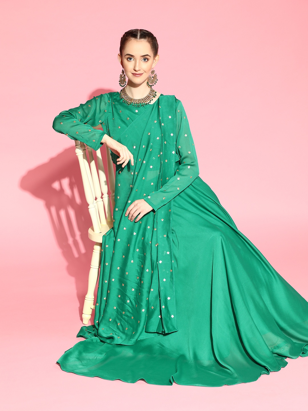 

Inddus Green Ethnic Motifs Sequinned Ready To Wear Lehenga Saree