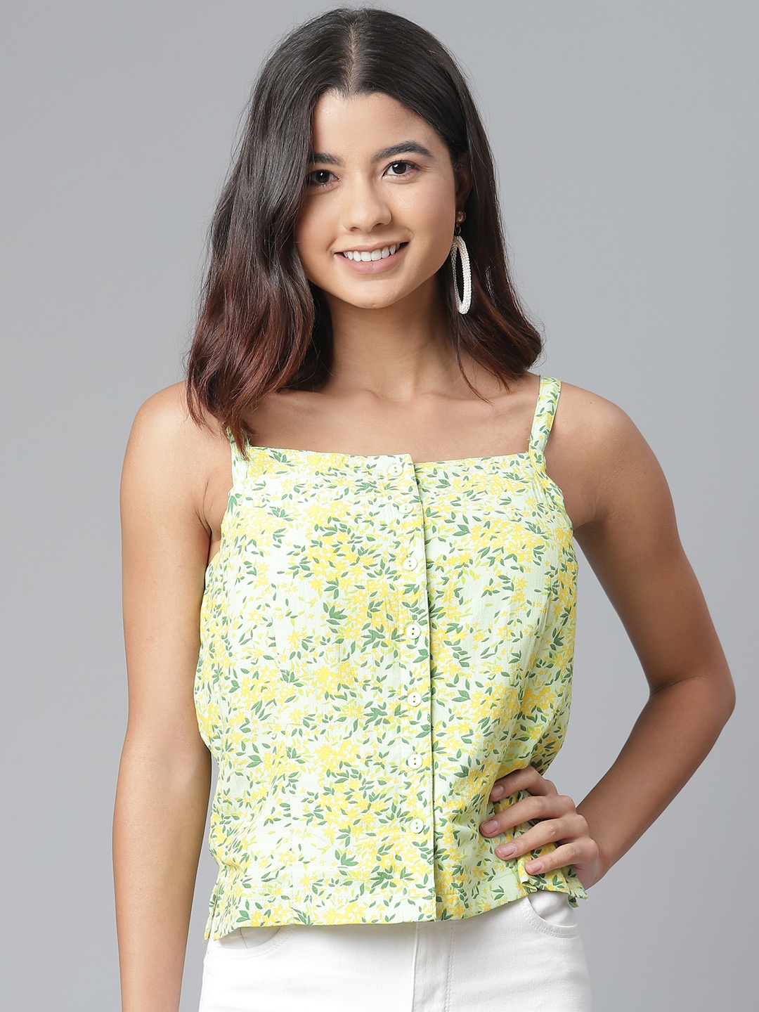 

Ayaany Green & Yellow Pure Cotton Floral Strappy Top