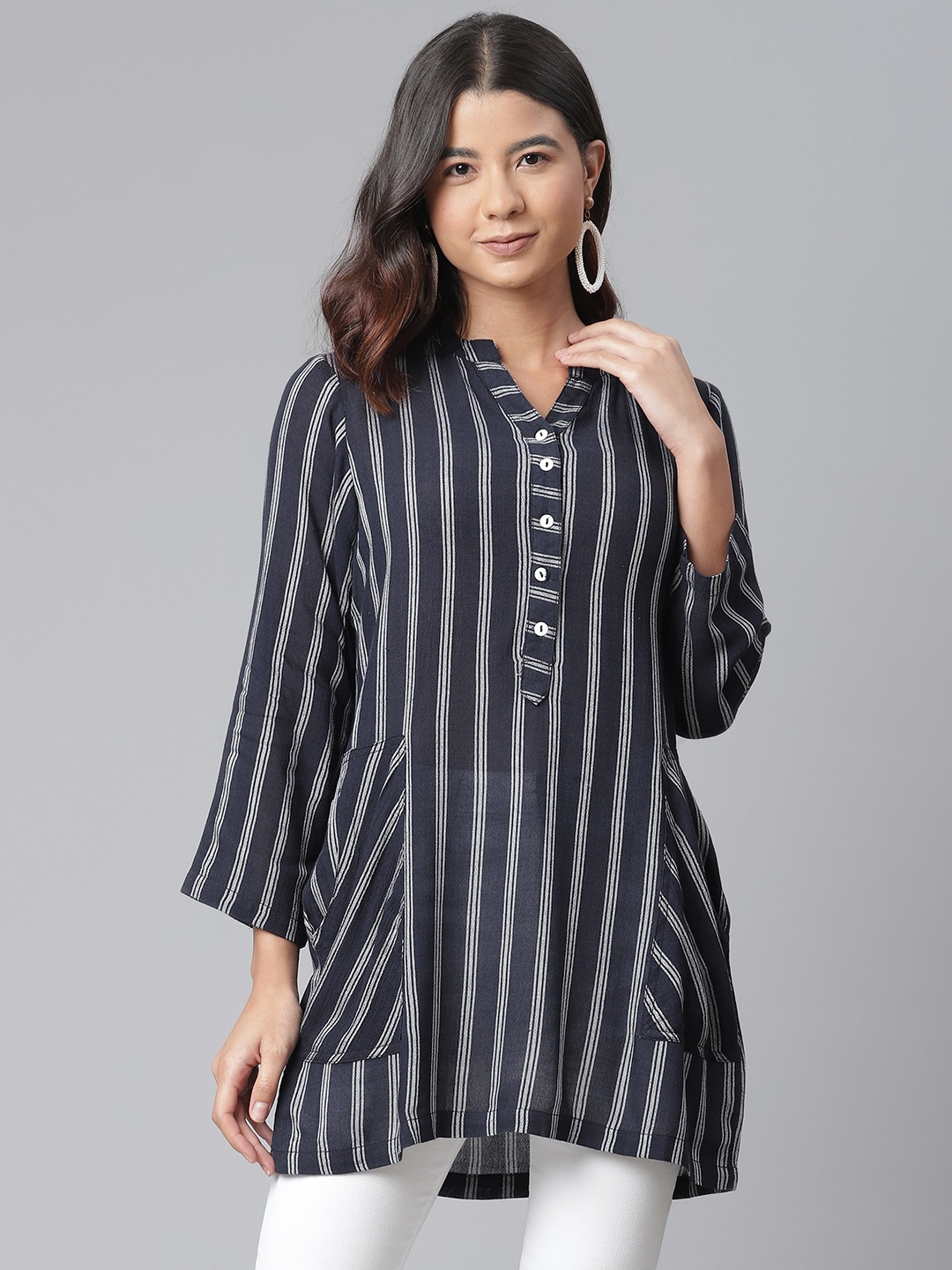 

Ayaany Navy Blue & Off White Pure Cotton Mandarin Collar Striped Tunic