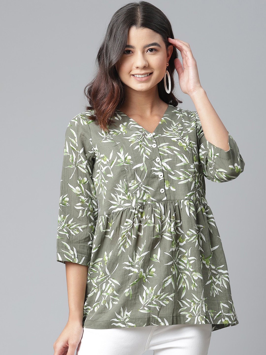 

Ayaany Olive Green & Off White Pure Cotton Floral Print A-Line Top