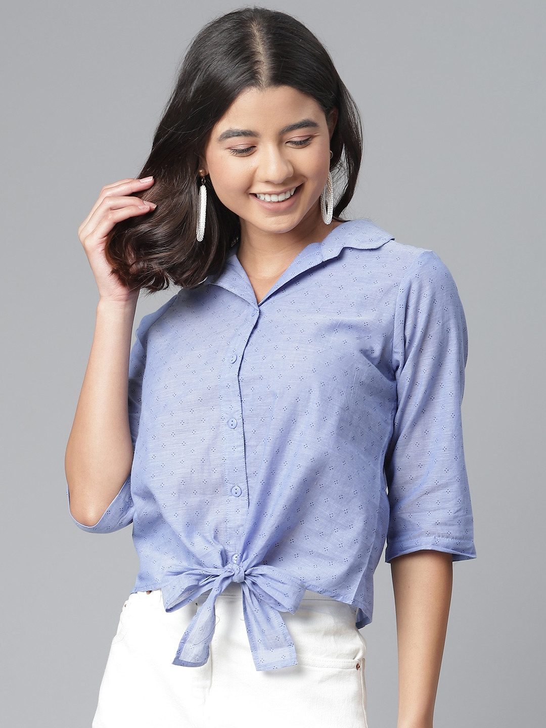 

Ayaany Women Blue Pure Cotton Printed Casual Shirt With Knot