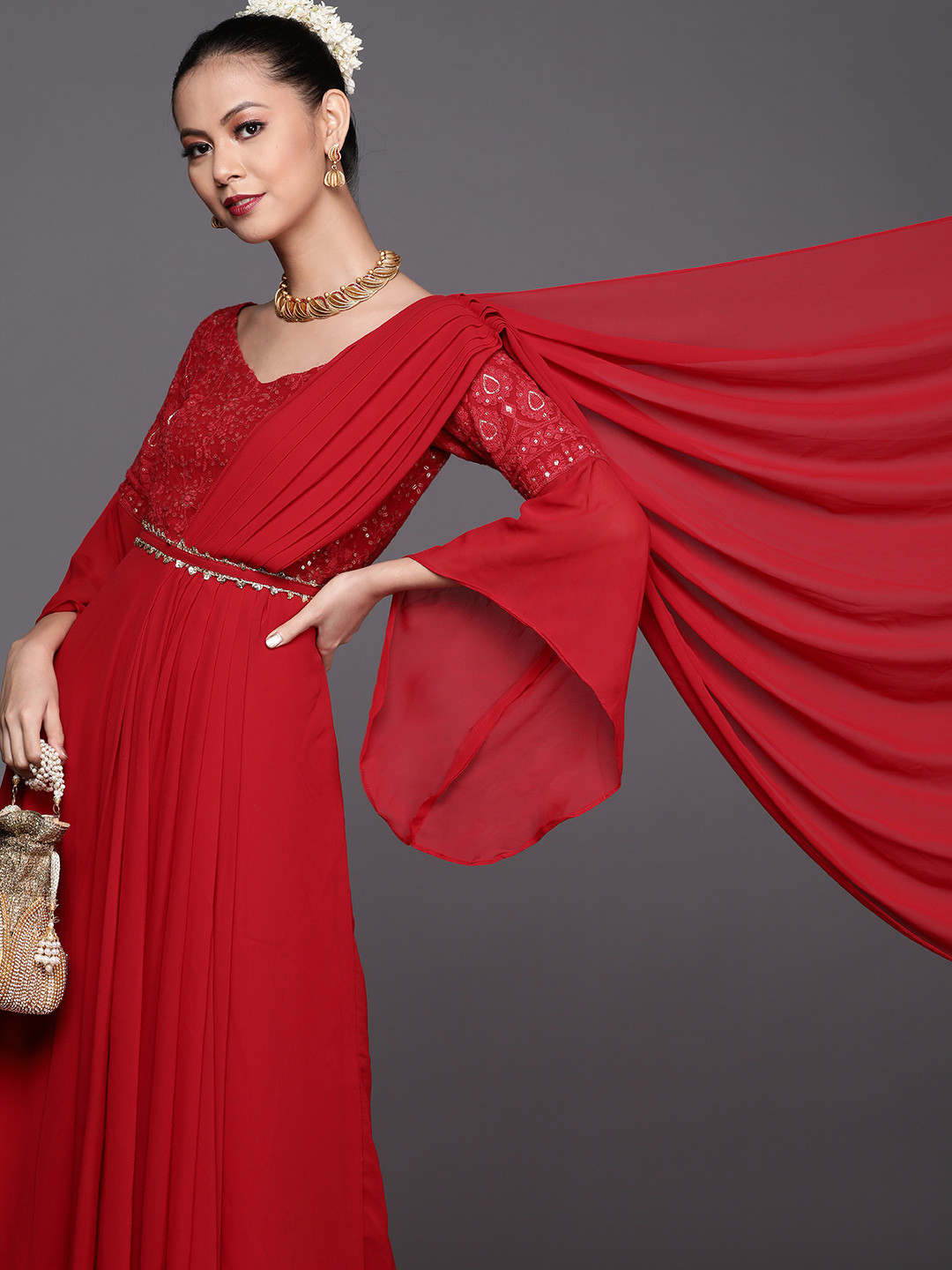 

Inddus Red Yoke Embroidered Flared Gown with Attached Dupatta and Sequinned Belt