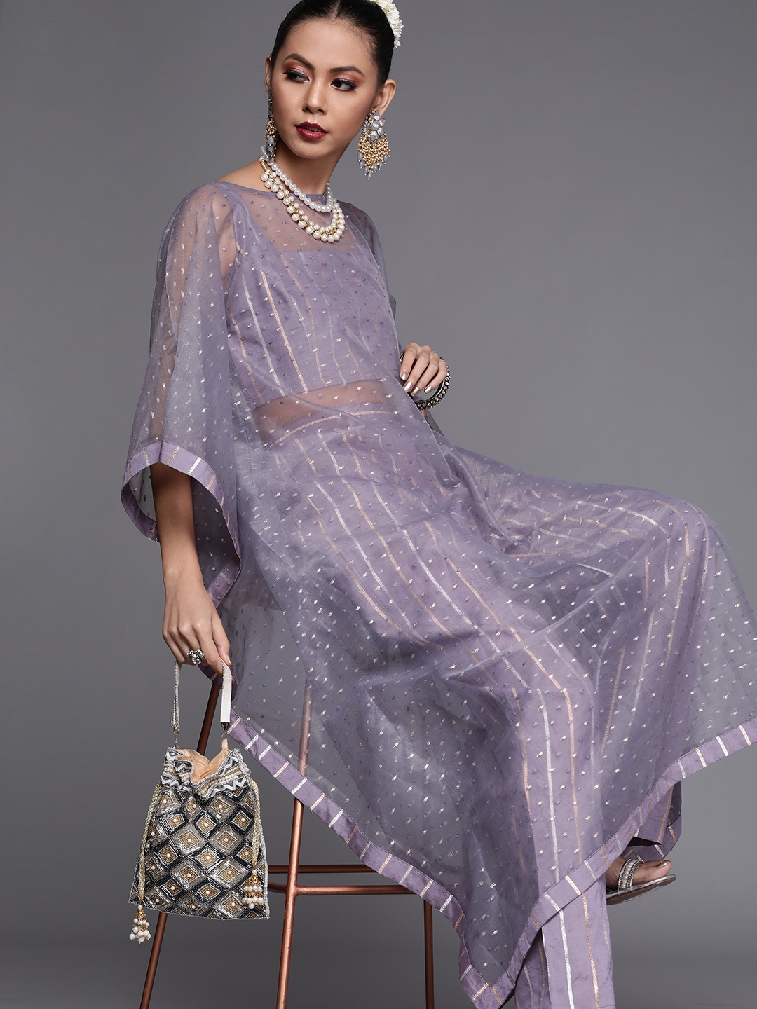 

Inddus Women Lavender & Silver Organza Woven Sheer Kaftan Kurta with Inner & Trousers