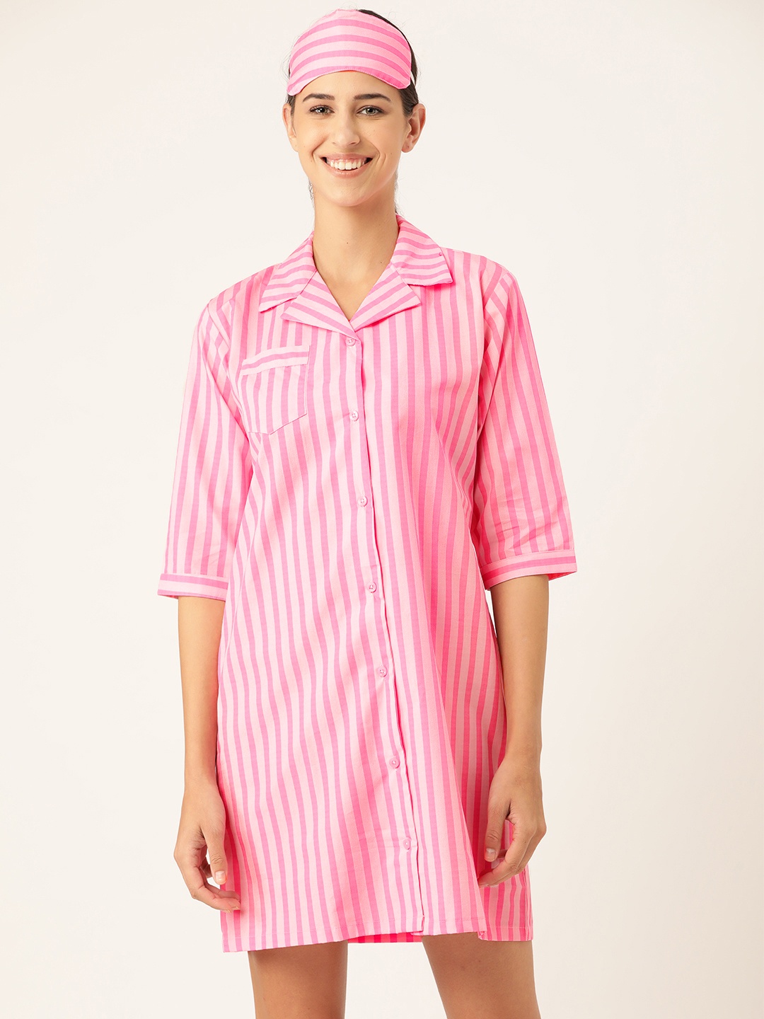 

Rapra The Label Women Pink Striped Cotton Sleepshirt with Eye Mask & Hair Accessory