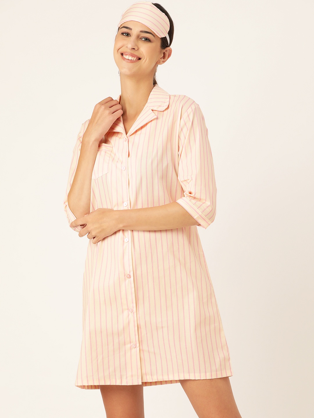 

Rapra The Label Women Cream- Coloured & Pink Pure Cotton Striped Sleep Shirt