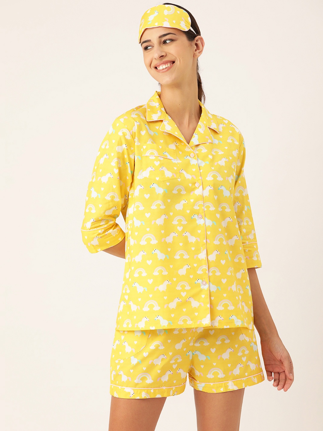 

Rapra The Label Women Yellow & White Unicorn Printed Pure Cotton Night suit With Eye Mask