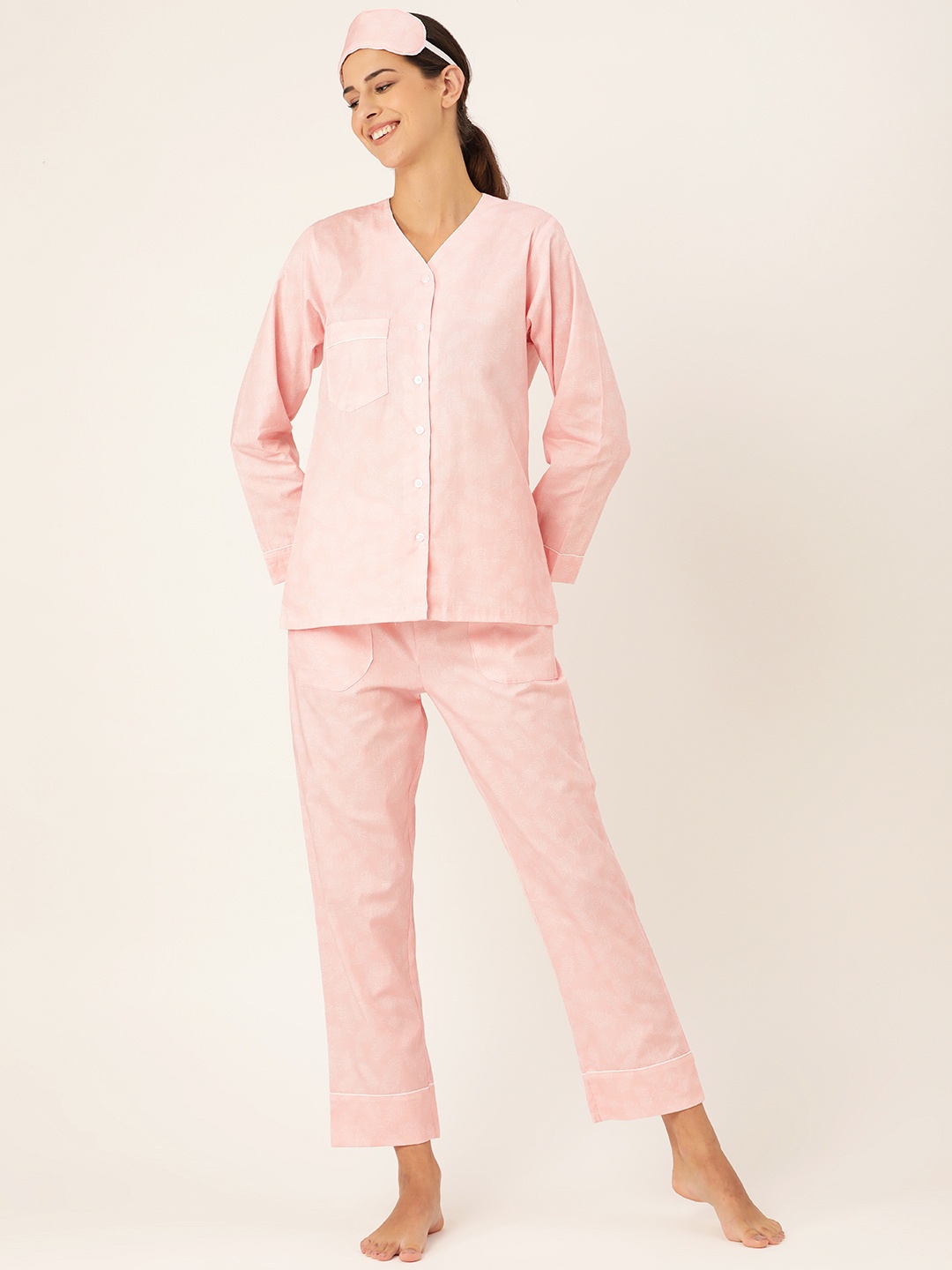 

Rapra The Label Women Pink & White Printed Pure Cotton Night suit With Eye Mask