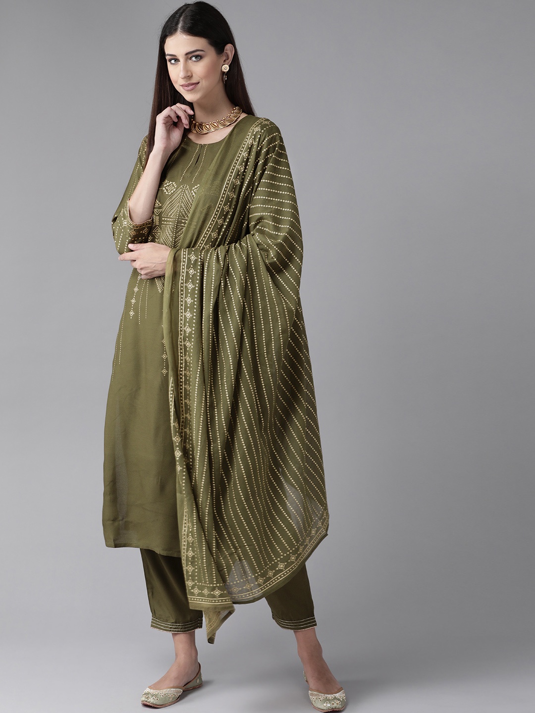 

Indo Era Women Green Printed Regular Kurta with Trousers & With Dupatta