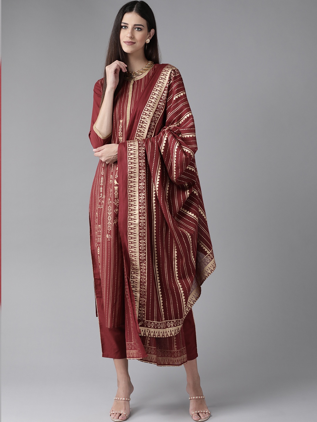 

Indo Era Women Maroon Printed Regular Pure Cotton Kurta with Trousers & With Dupatta