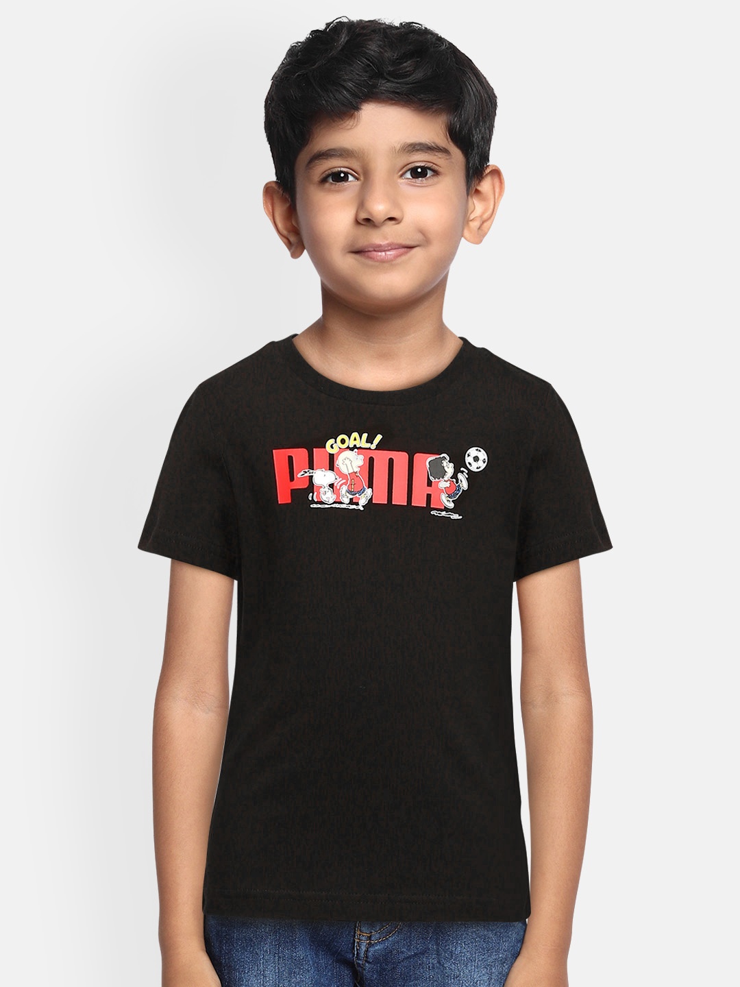 

PUMA x PEANUTS Boys Black Printed Pure Cotton T-shirt