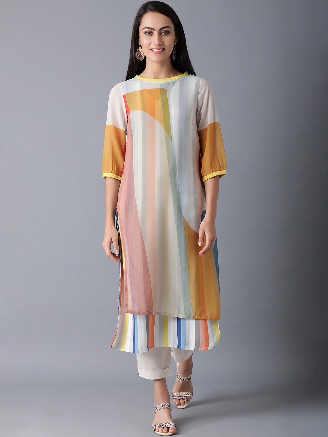 

W Women White & Orange Colourblocked Kurta