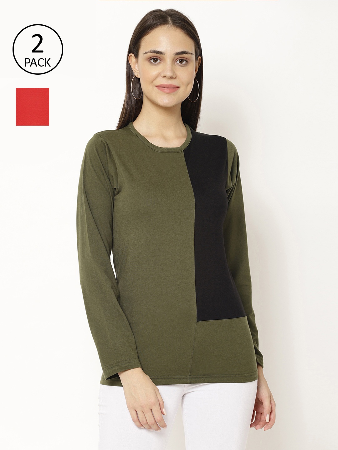 

VIMAL JONNEY Women Olive Green & Red Pack of 2 Colourblocked T-shirts