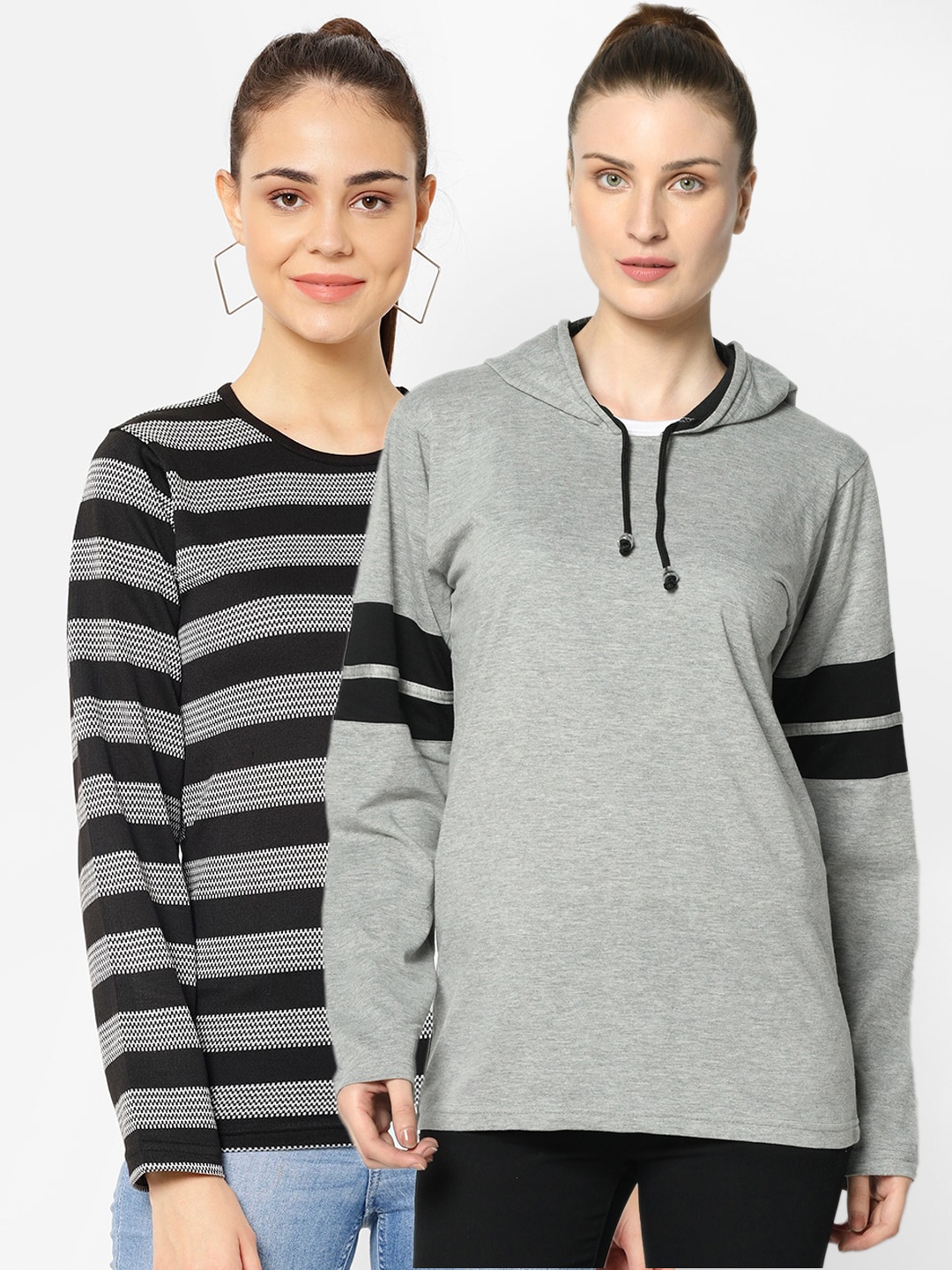 

MACK JONNEY Women Pack Of 2 Grey & Black Striped T-shirts