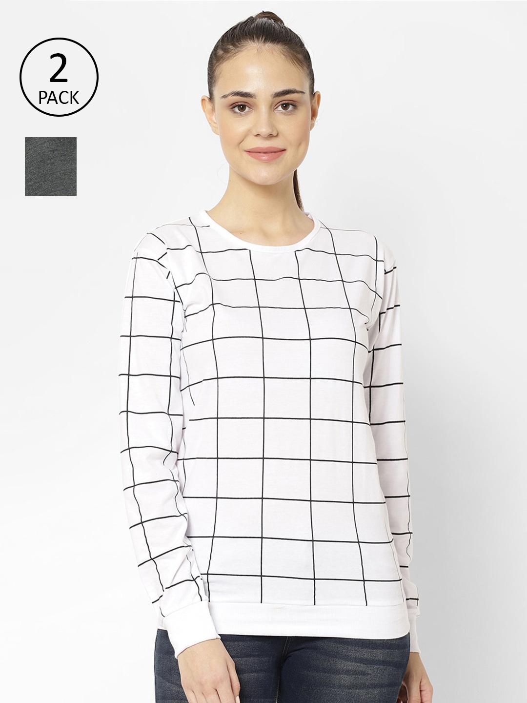 

MACK JONNEY Women Grey & White Pack of 2 Checked T-shirts