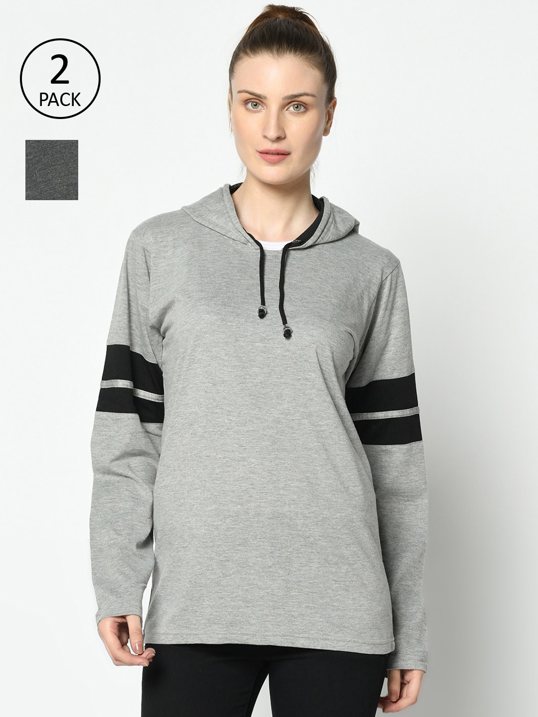 

VIMAL JONNEY Women Grey and Charcoal Pack of 2 Hooded T-shirts