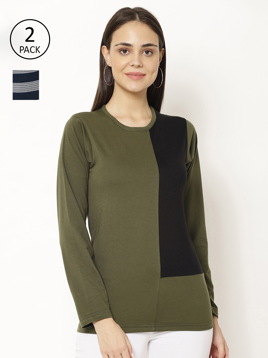 

VIMAL JONNEY Women Olive and Navy Blue Pack of 2 Long Sleeves T-shirts