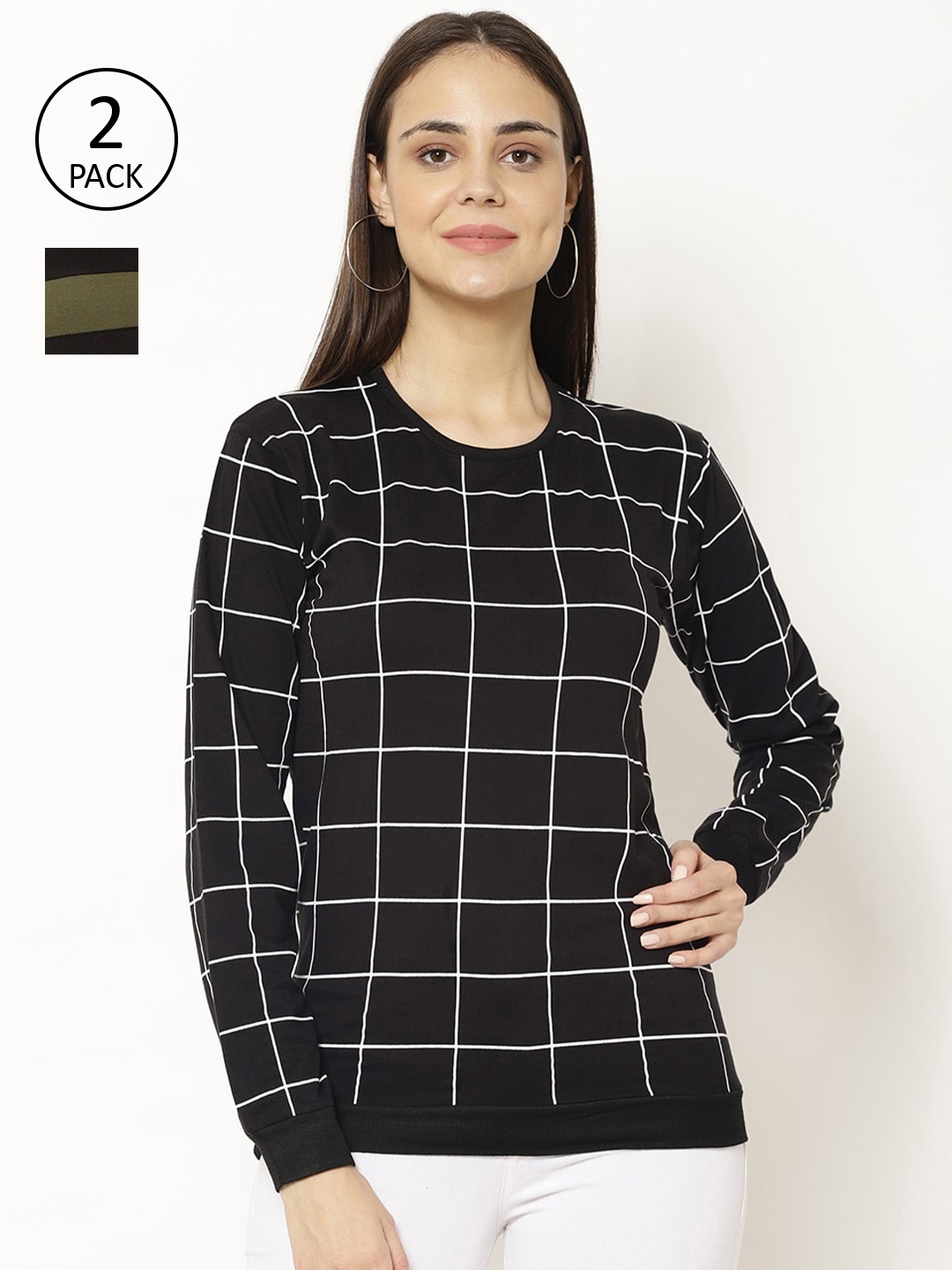 

VIMAL JONNEY Women Black & Olive Green Pack Of 2 T-shirts