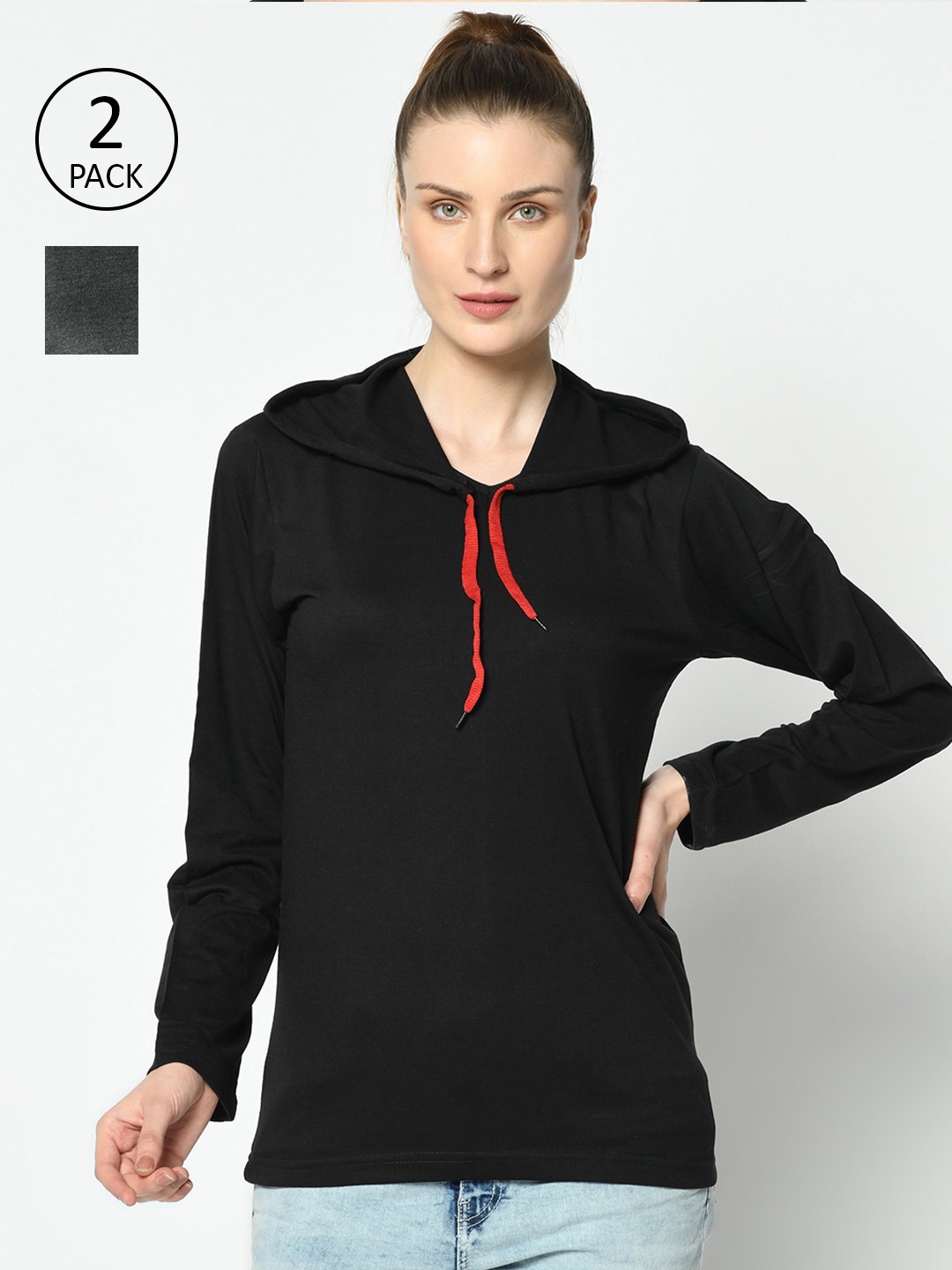 

MACK JONNEY Women Pack Of 2 Black & Grey Hooded T-shirts