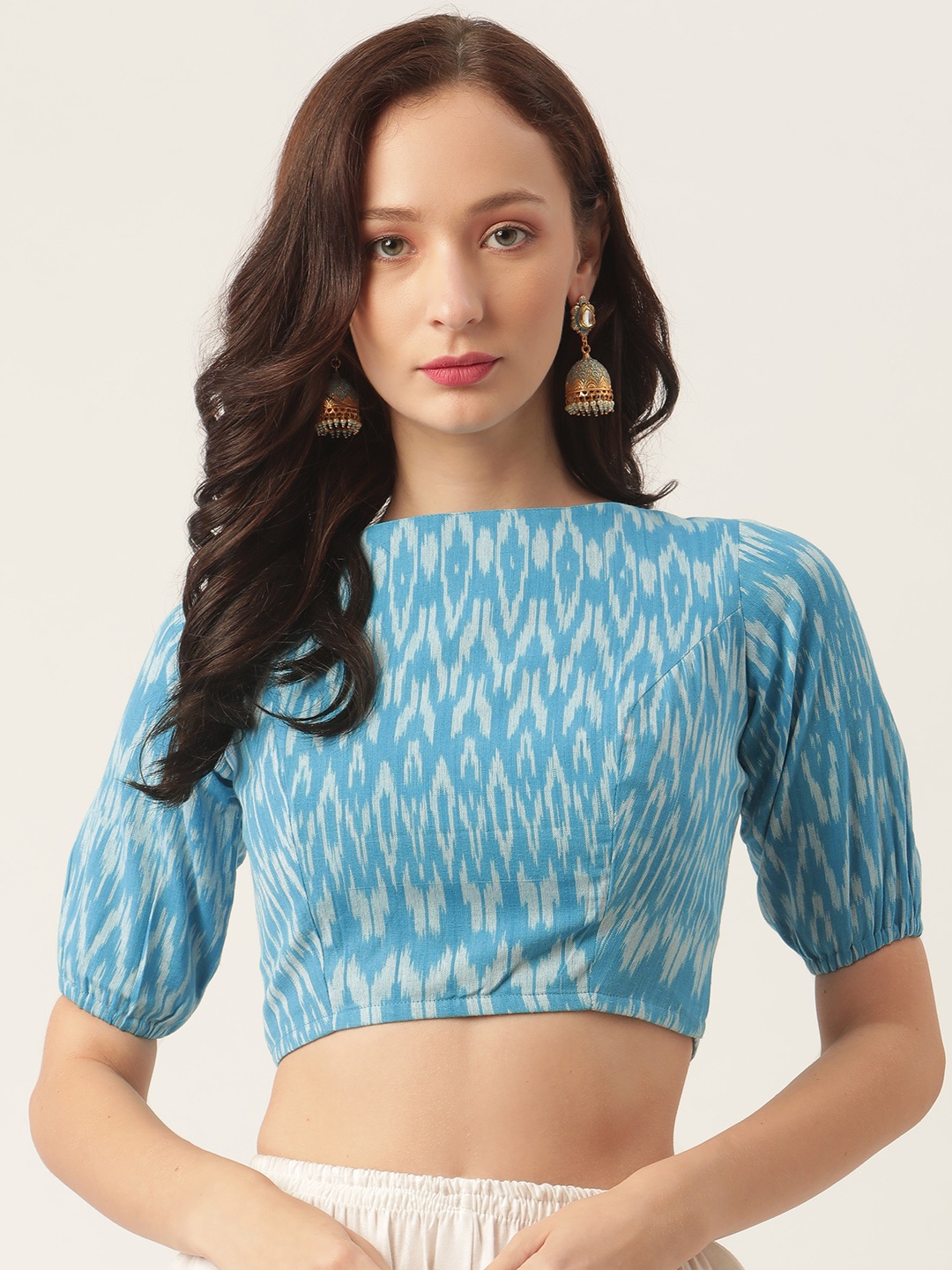 

Studio Shringaar Women Blue & Off-White Ikkat Printed Pure Cotton Saree Blouse