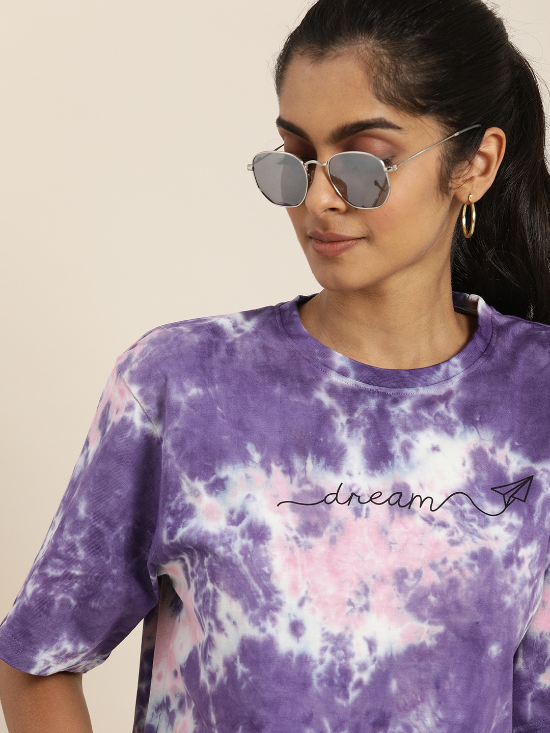 

DILLINGER Women Purple White Tie and Dye Drop-Shoulder Sleeves Oversized Pure Cotton T-shirt