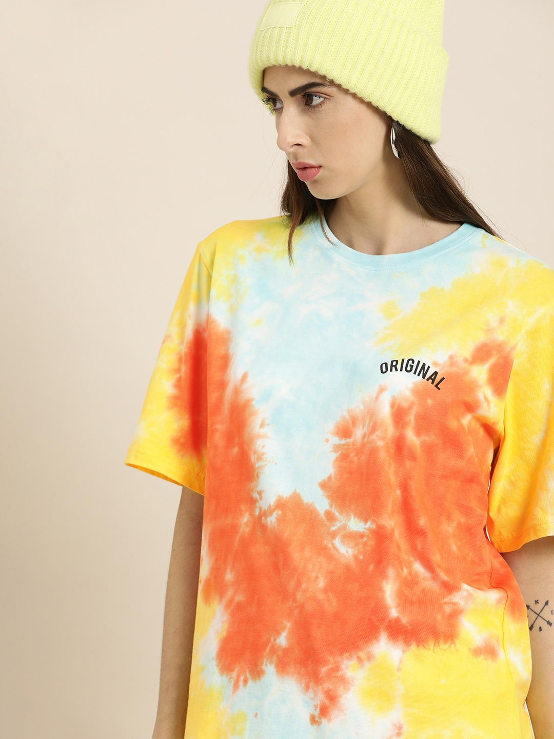 

DILLINGER Women Multicoloured Tie and Dye Drop-Shoulder Sleeves Oversized Pure Cotton T-shirt, Multi