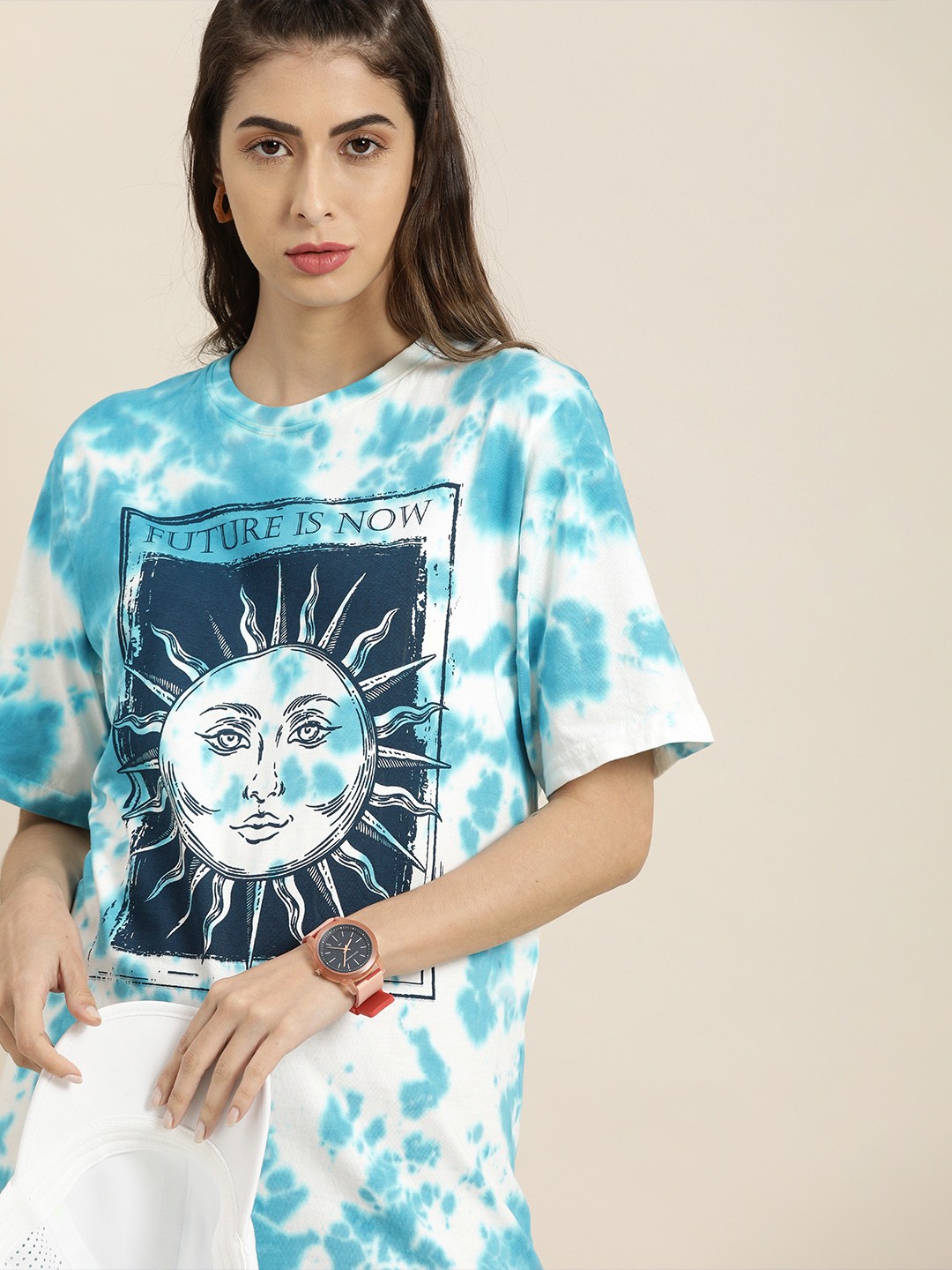 

DILLINGER Women Blue White Tie and Dye Drop-Shoulder Sleeves Oversized Pure Cotton T-shirt