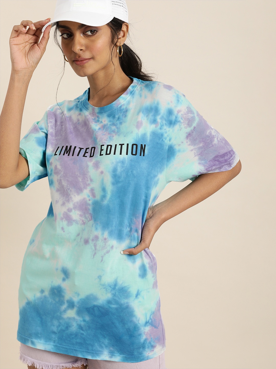 

DILLINGER Women Blue Violet Dyed Drop-Shoulder Sleeves Oversized Pure Cotton T-shirt