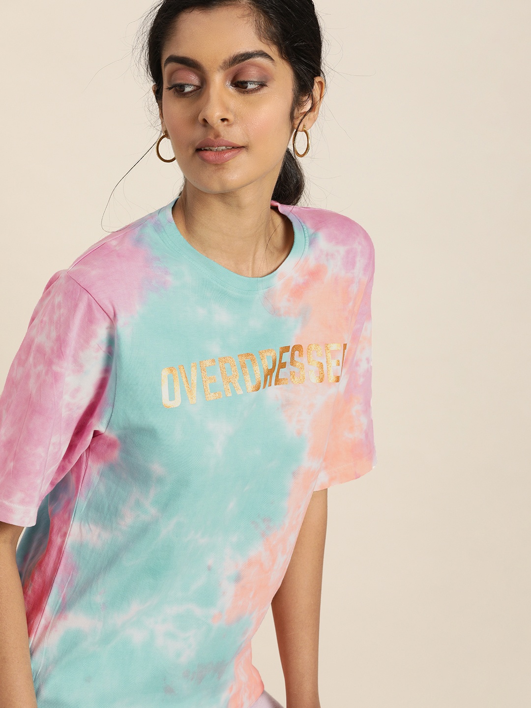 

DILLINGER Women Pink & Sea Green Dyed Drop-Shoulder Sleeves Oversized T-shirt