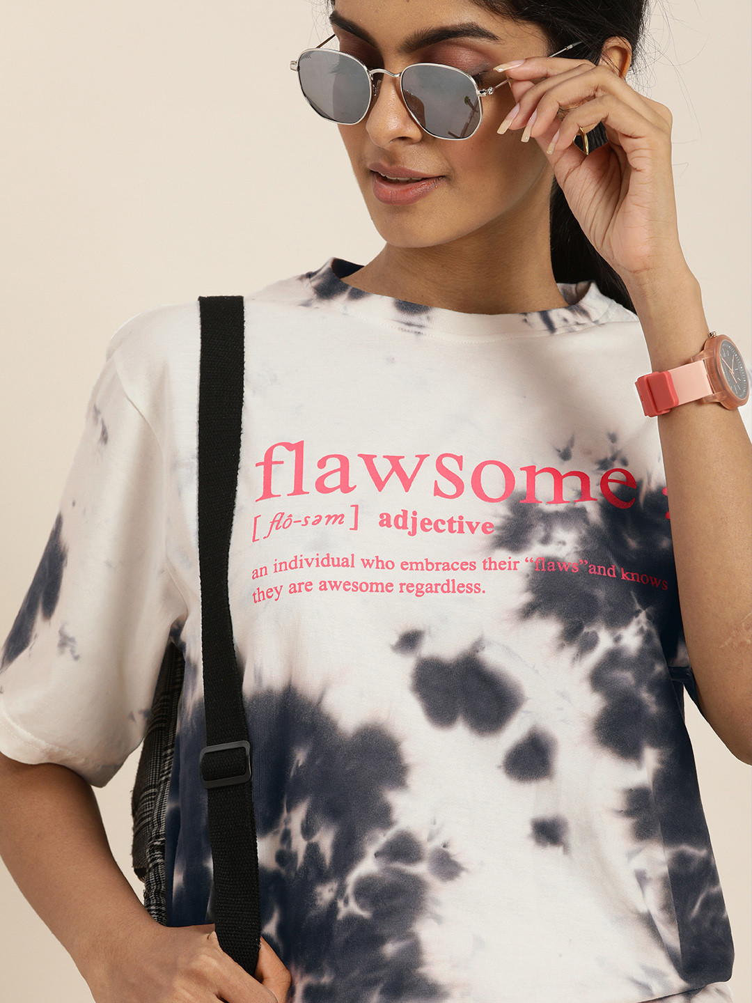 

DILLINGER Women White Black Dyed Drop-Shoulder Sleeves Oversized Pure Cotton T-shirt