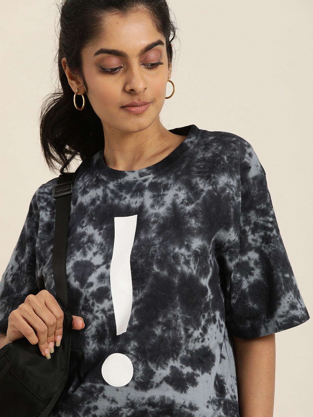 

DILLINGER Women Navy Blue & Grey Tie and Dye Dyed Drop-Shoulder Sleeves Oversized T-shirt