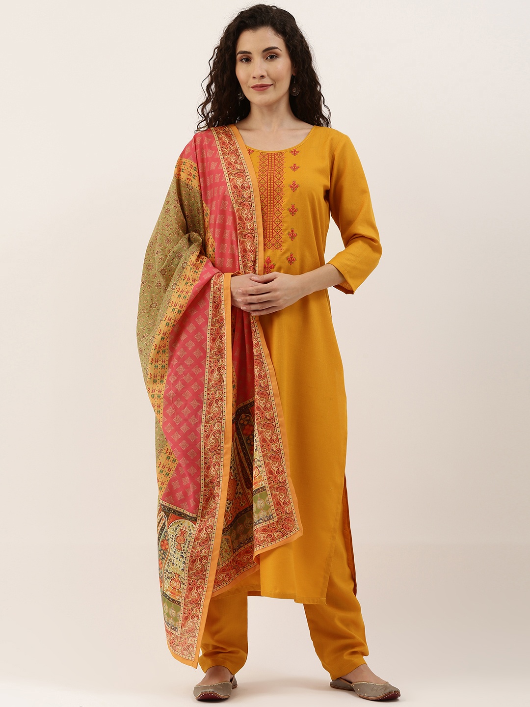 

SheWill Mustard Yellow Embroidered Unstitched Dress Material