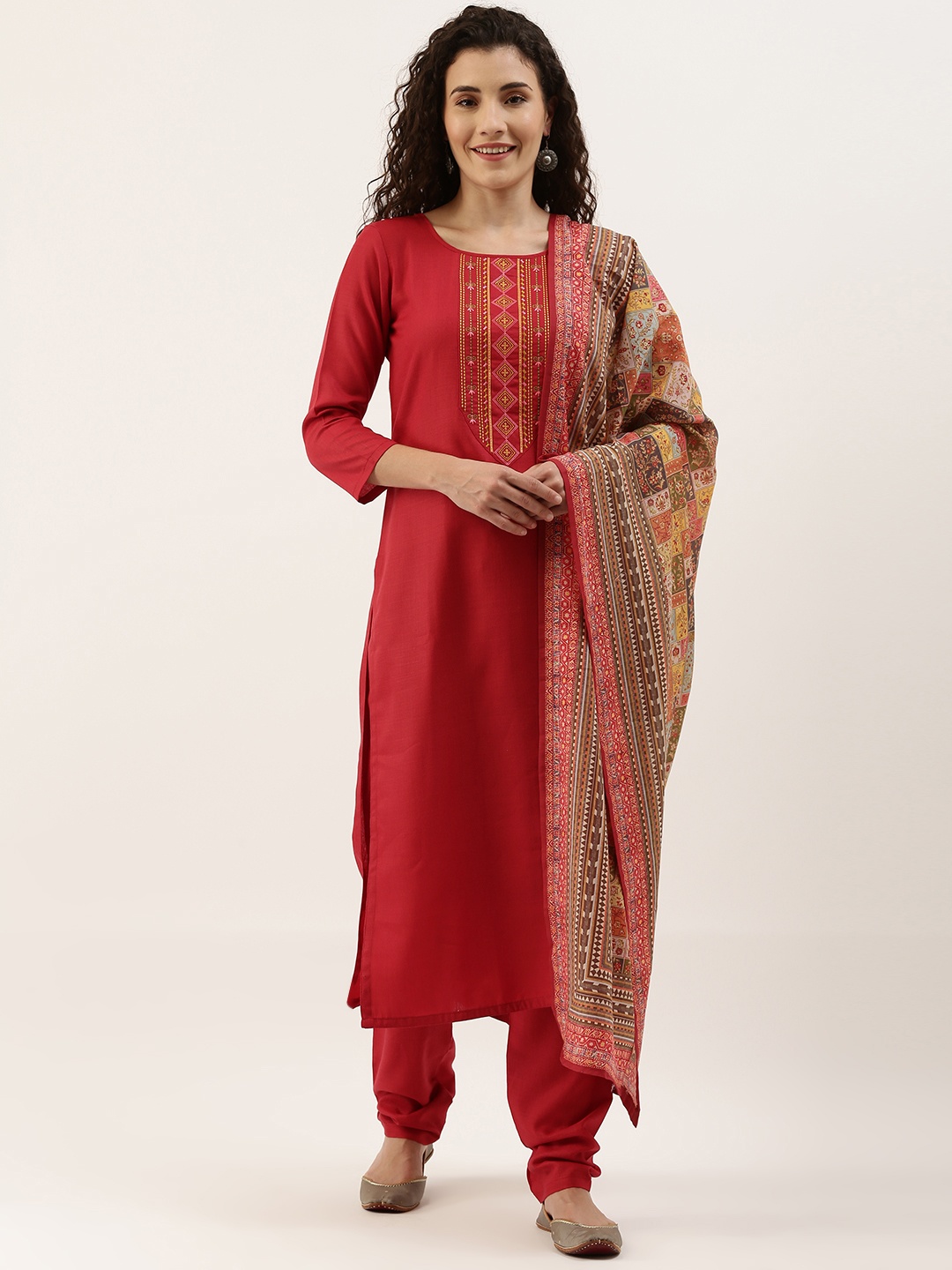 

SheWill Red Embroidered Unstitched Dress Material