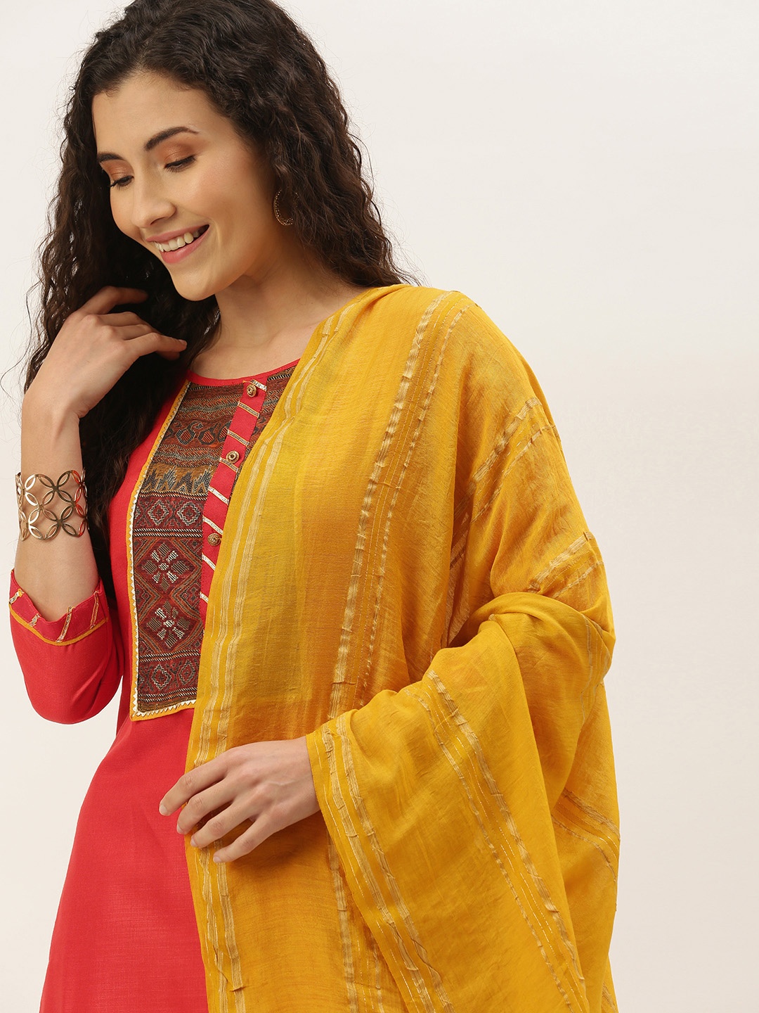 

SheWill Red & Mustard Yellow Yoke Design Unstitched Dress Material