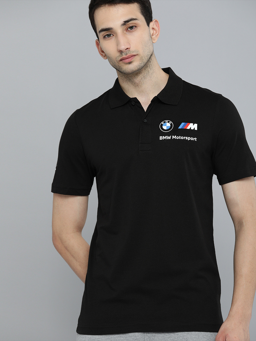 

PUMA Motorsport Men Black Brand Logo BMW Essential Printed Polo Collar Pure Cotton Motorsports T-shirt