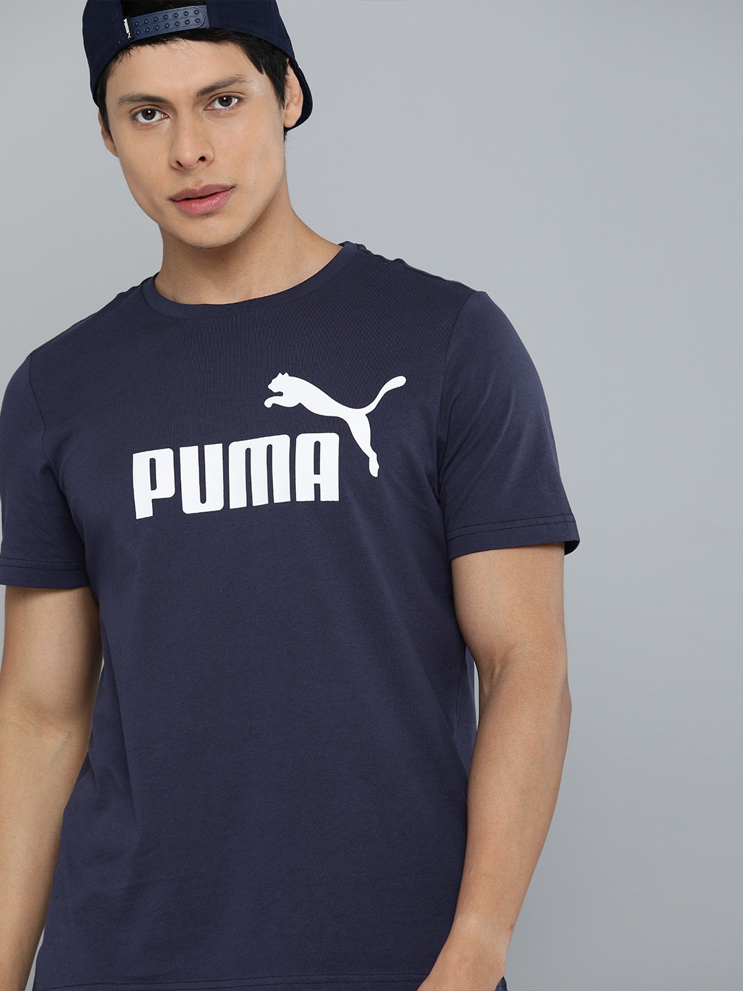 

Puma Men Navy Blue White Essentials Logo Pure Cotton Sustainable Pure Cotton T-shirt