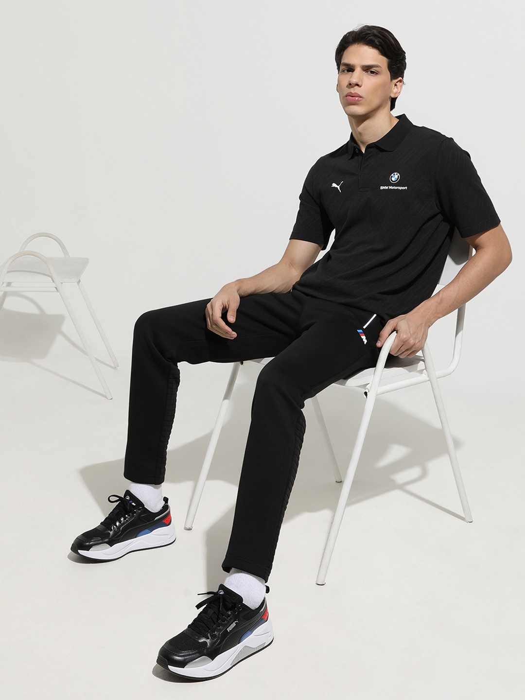 

PUMA Motorsport Men Black White BMW Motorsport Polo Collar Printed Pure Cotton T-shirt