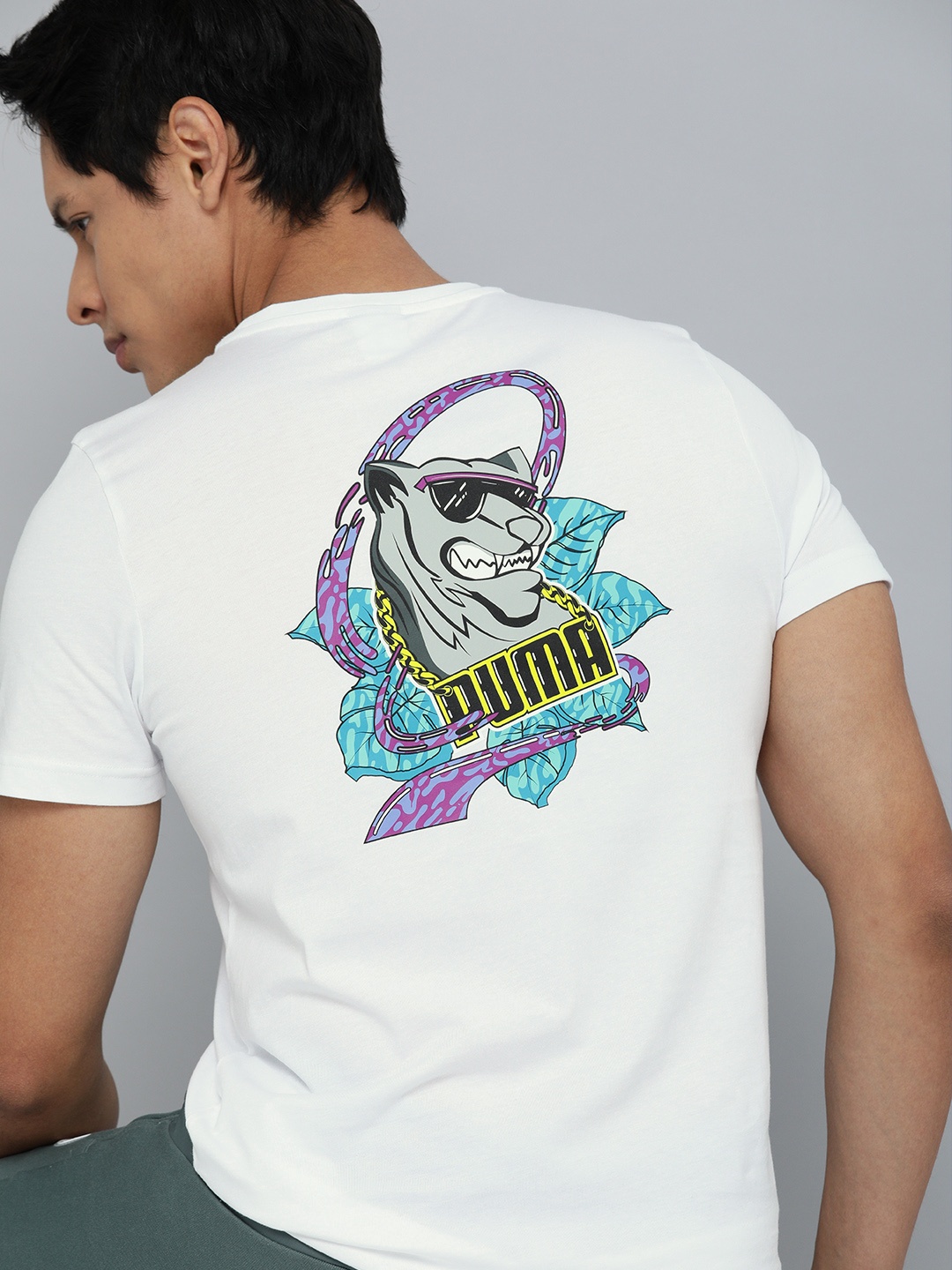 

Puma Men White Blue Back Graphic Print Slim-Fit Pure Cotton T-shirt
