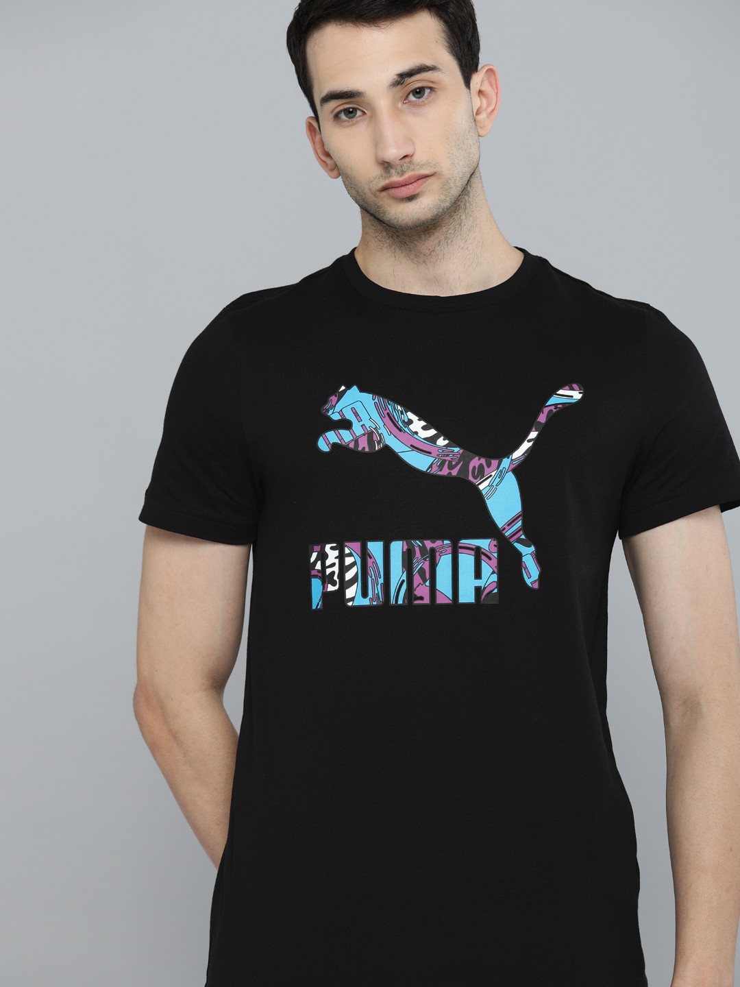 

Puma Men Black Purple Front Graphic Pure Cotton T-shirt