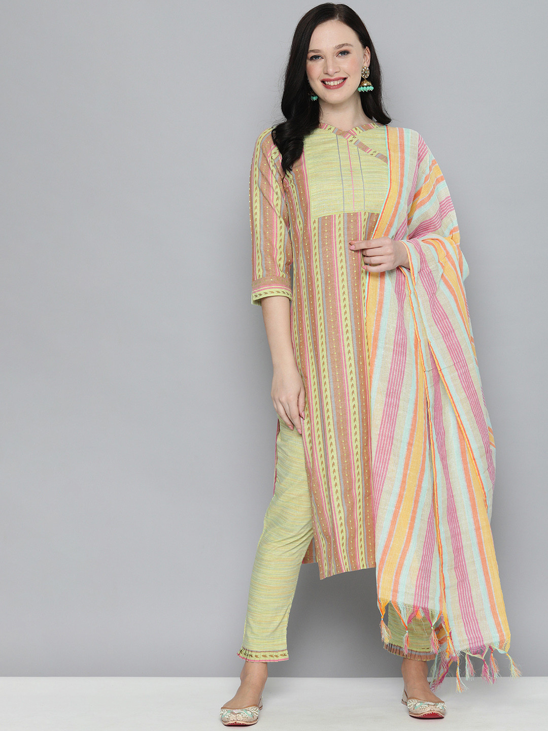 

Kvsfab Women Green & Brown Handloom Cotton Unstitched Dress Material