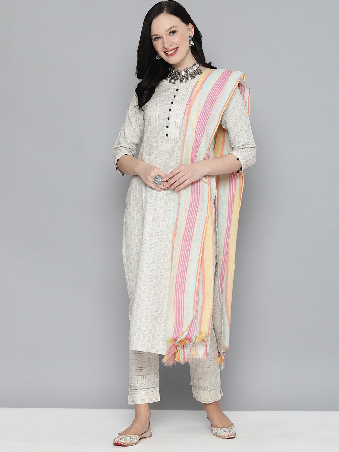 

Kvsfab Off White Woven Design Pure Cotton Handloom Unstitched Dress Material