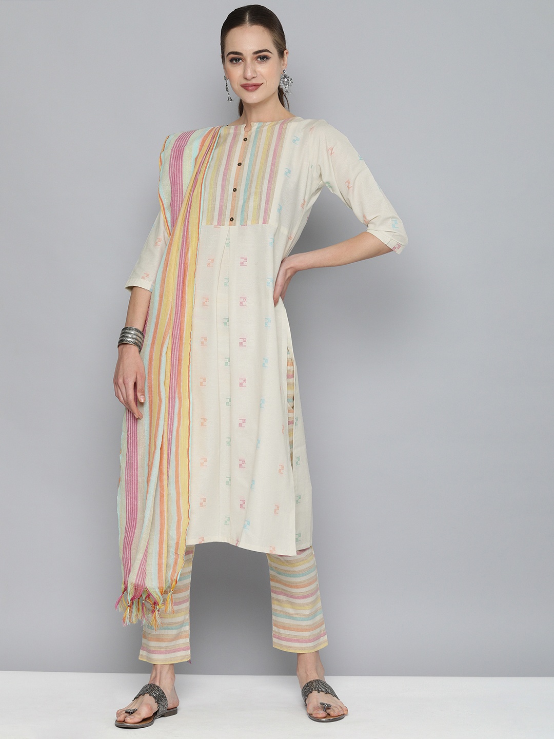 

Kvsfab Women Off White Handloom Cotton Unstitched Dress Material