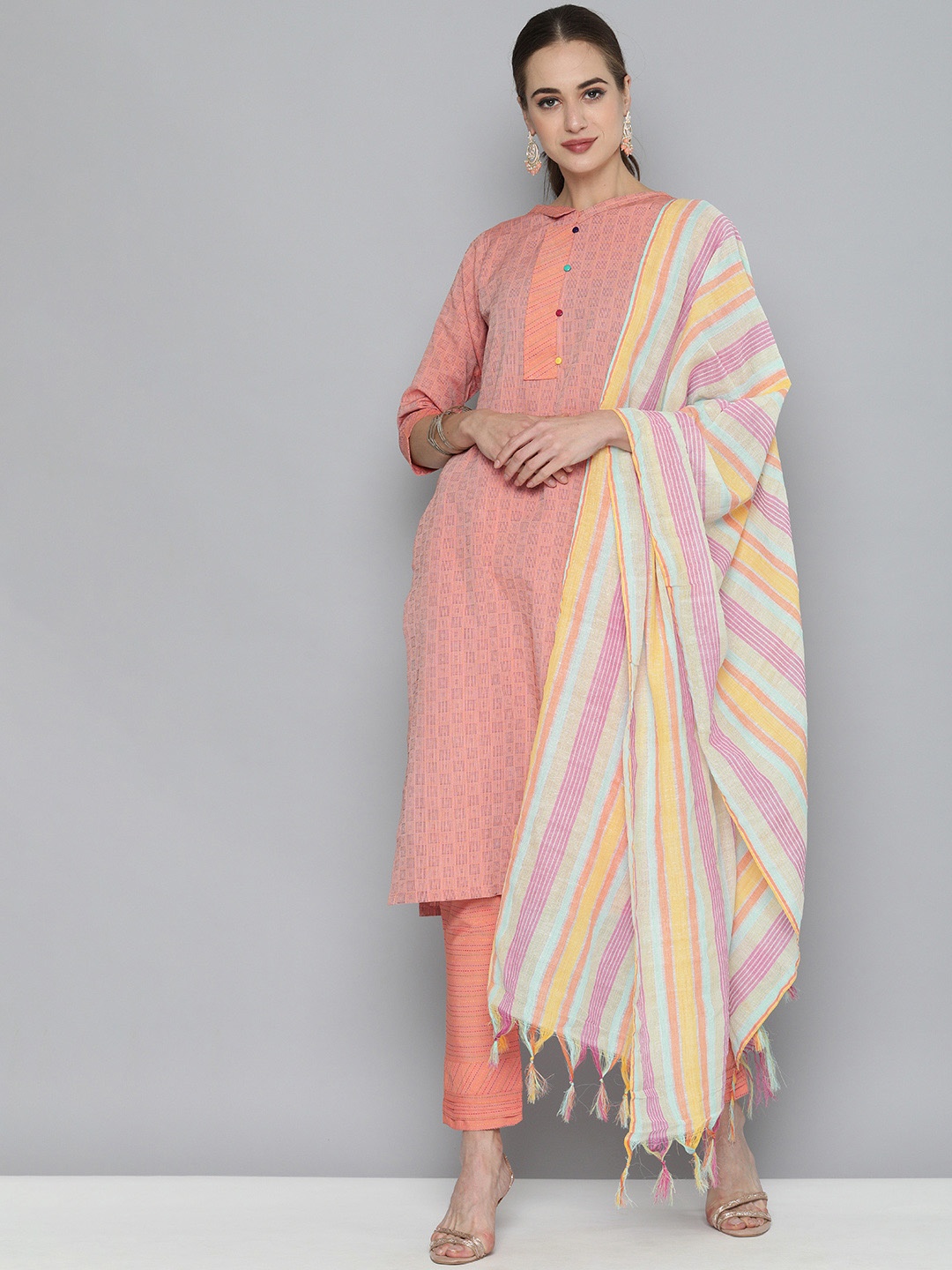 

Kvsfab Women Orange Handloom Cotton Unstitched Dress Material