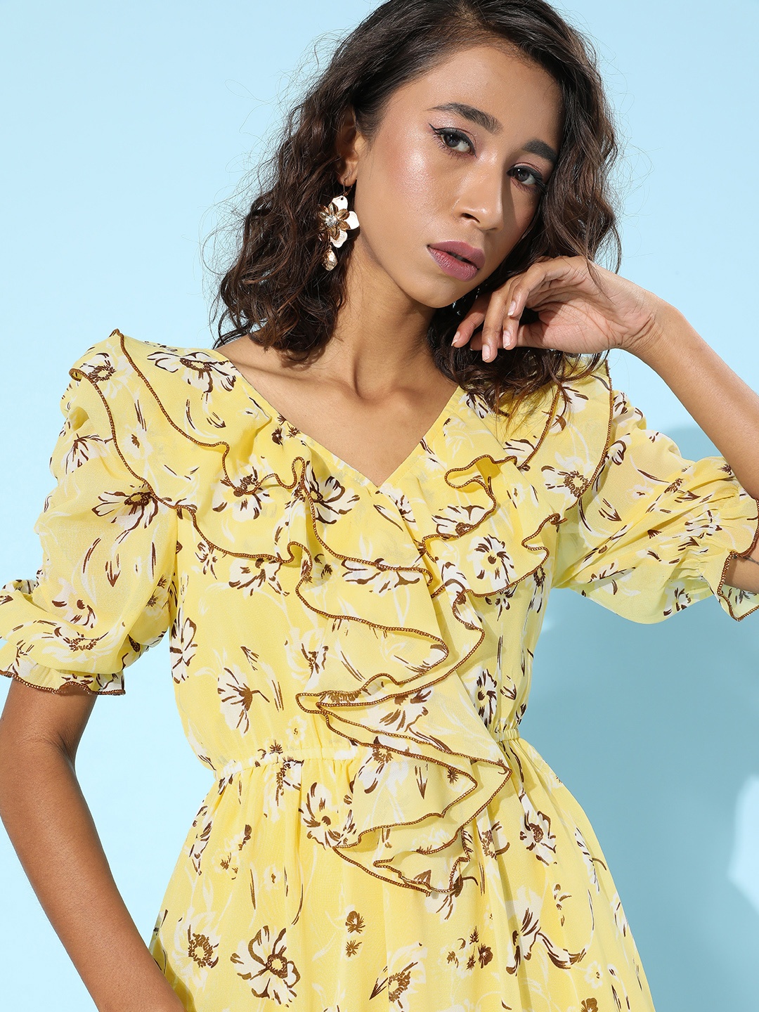 

Antheaa Yellow Floral Georgette Midi Dress