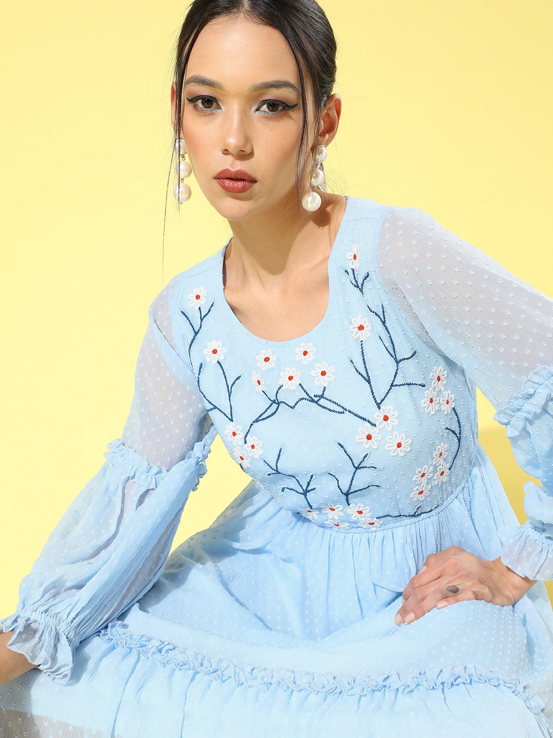 

Antheaa Stunning Blue Floral Tiered Dress