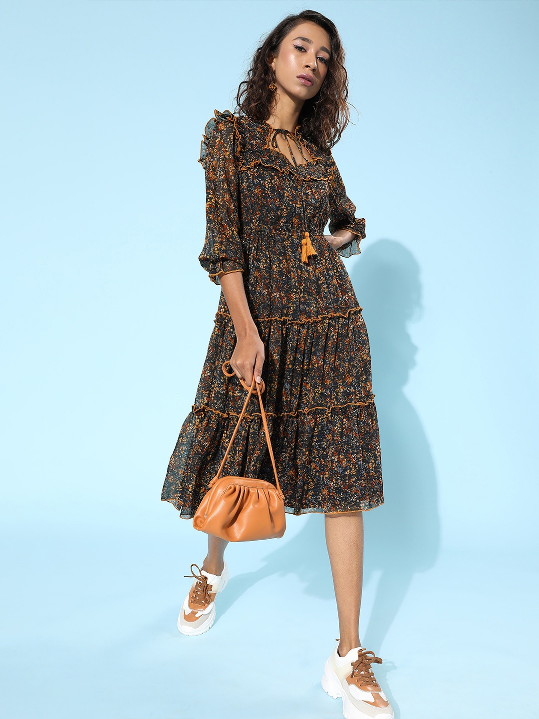 

Antheaa Navy Blue & Brown Floral Tie-Up Neck Chiffon A-Line Midi Dress
